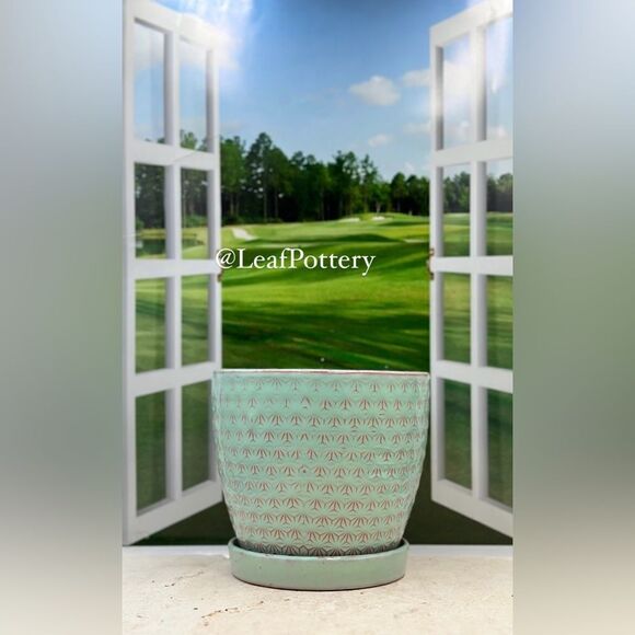 Atasi Aqua/Pink Ceramic Planter Pot with Saucer Attached - Picture 3 of 9